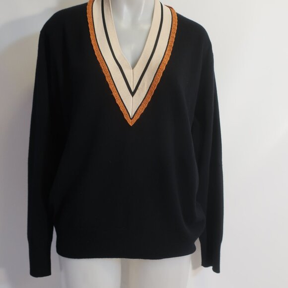 Women Sandro Paris Colle Black Striped Deep V-Neck Wool Cashmere Sweater 4 US/XL - Picture 4 of 11